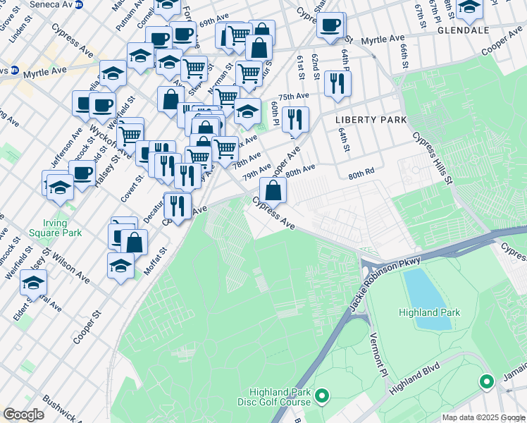 map of restaurants, bars, coffee shops, grocery stores, and more near 80-41 Cypress Avenue in Queens