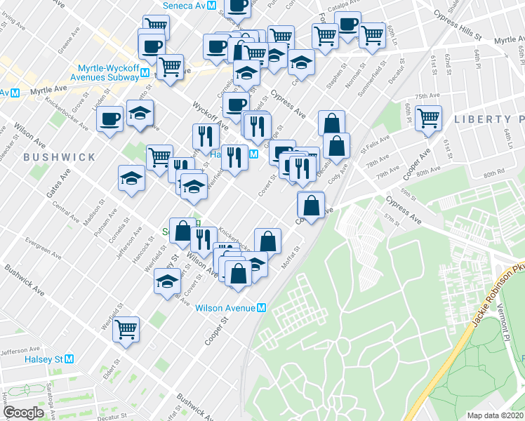 map of restaurants, bars, coffee shops, grocery stores, and more near 342 Eldert Street in Brooklyn