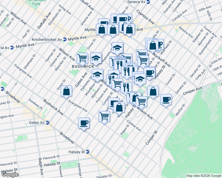 map of restaurants, bars, coffee shops, grocery stores, and more near 1328 Putnam Avenue in Brooklyn
