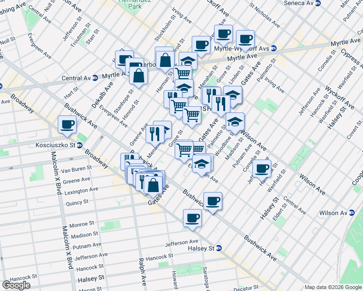 map of restaurants, bars, coffee shops, grocery stores, and more near 120 Grove Street in Brooklyn
