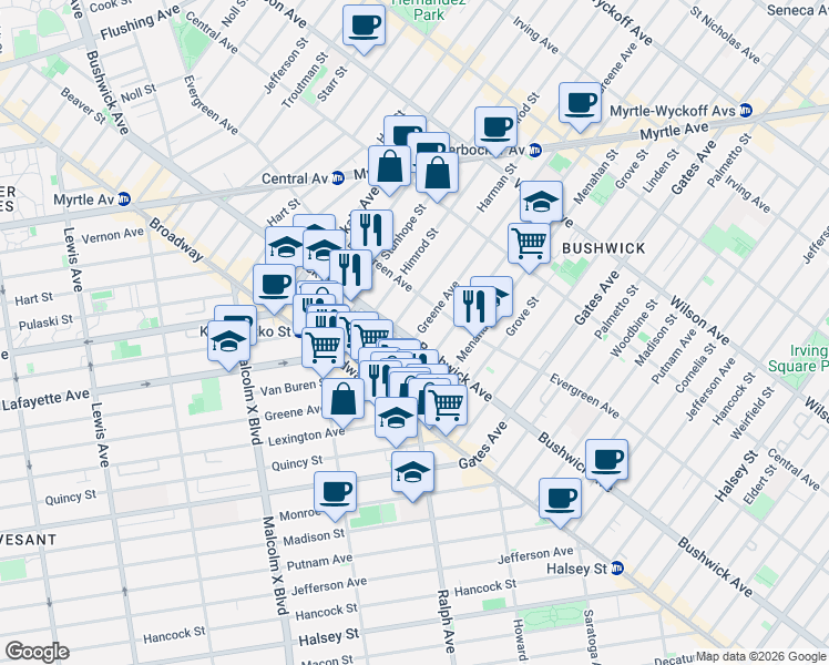 map of restaurants, bars, coffee shops, grocery stores, and more near 1099 Greene Avenue in Brooklyn