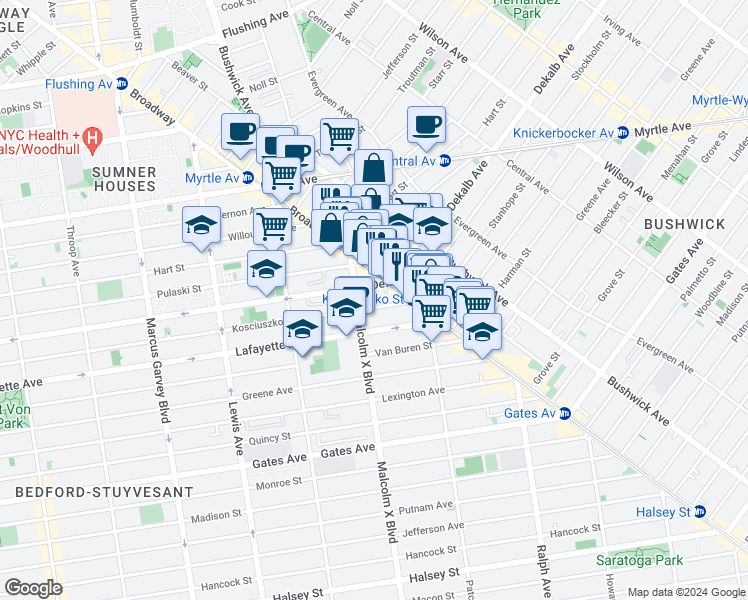 map of restaurants, bars, coffee shops, grocery stores, and more near 1096 DeKalb Avenue in Brooklyn