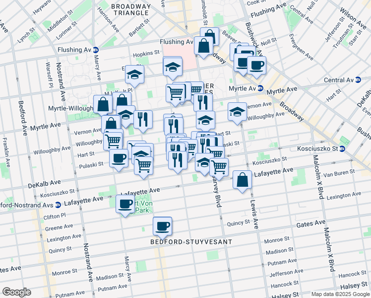 map of restaurants, bars, coffee shops, grocery stores, and more near 219 Pulaski Street in Brooklyn