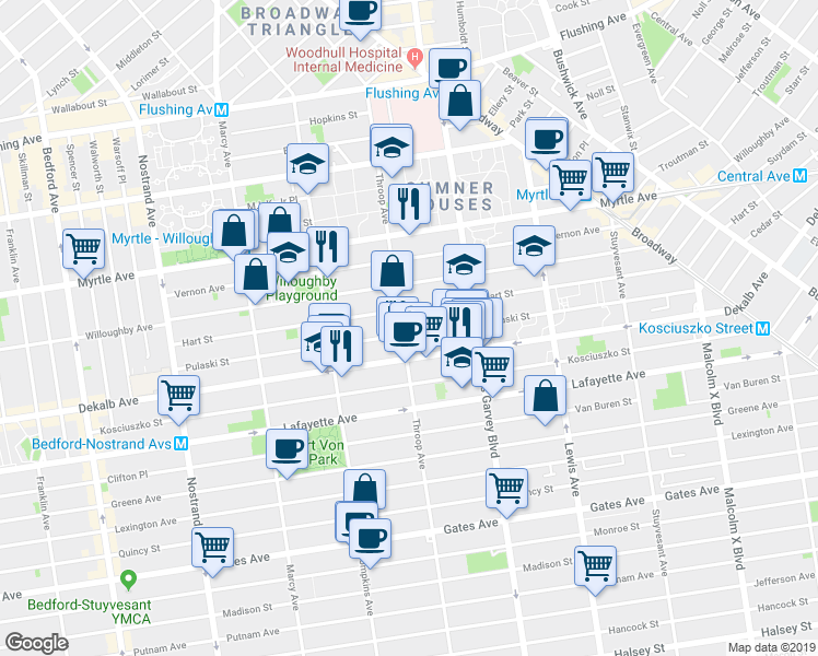 map of restaurants, bars, coffee shops, grocery stores, and more near 219 Pulaski Street in Brooklyn