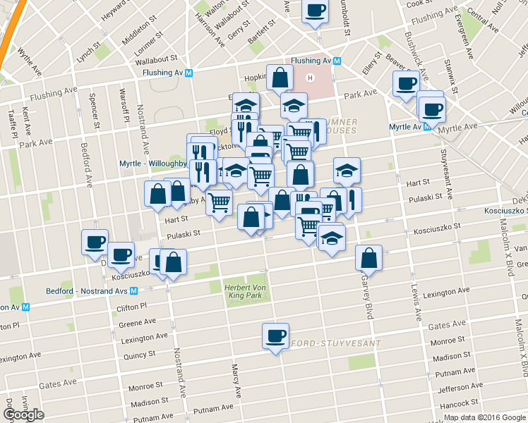 map of restaurants, bars, coffee shops, grocery stores, and more near 148 Hart Street in Brooklyn