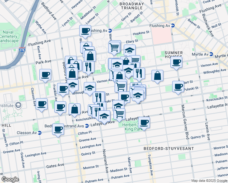 map of restaurants, bars, coffee shops, grocery stores, and more near 492 Willoughby Avenue in Brooklyn