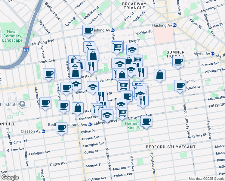 map of restaurants, bars, coffee shops, grocery stores, and more near 492 Willoughby Avenue in Brooklyn