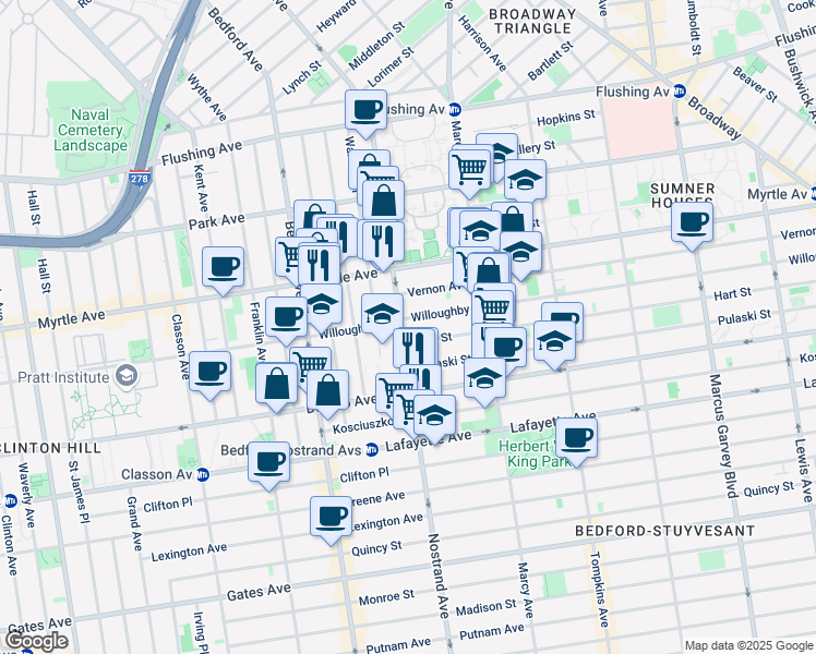 map of restaurants, bars, coffee shops, grocery stores, and more near in Brooklyn