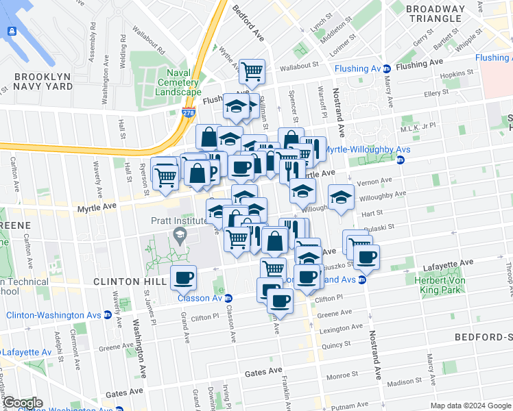 map of restaurants, bars, coffee shops, grocery stores, and more near 179 Franklin Avenue in Brooklyn