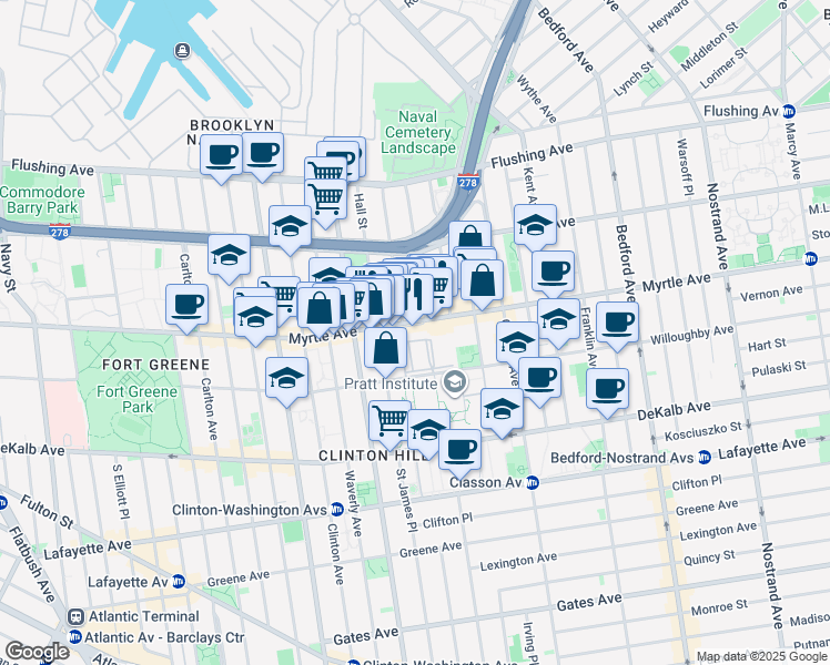 map of restaurants, bars, coffee shops, grocery stores, and more near 502 Myrtle Avenue in Brooklyn