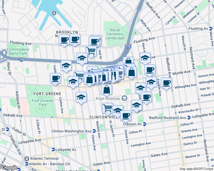map of restaurants, bars, coffee shops, grocery stores, and more near 502 Myrtle Avenue in Brooklyn