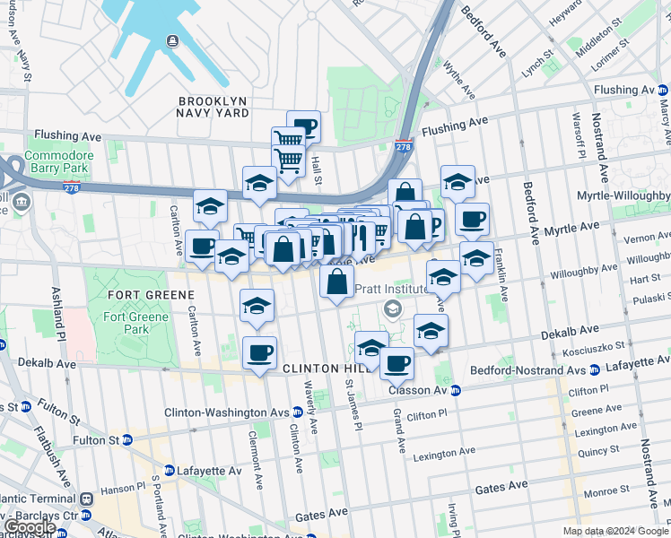 map of restaurants, bars, coffee shops, grocery stores, and more near 502 Myrtle Avenue in Brooklyn