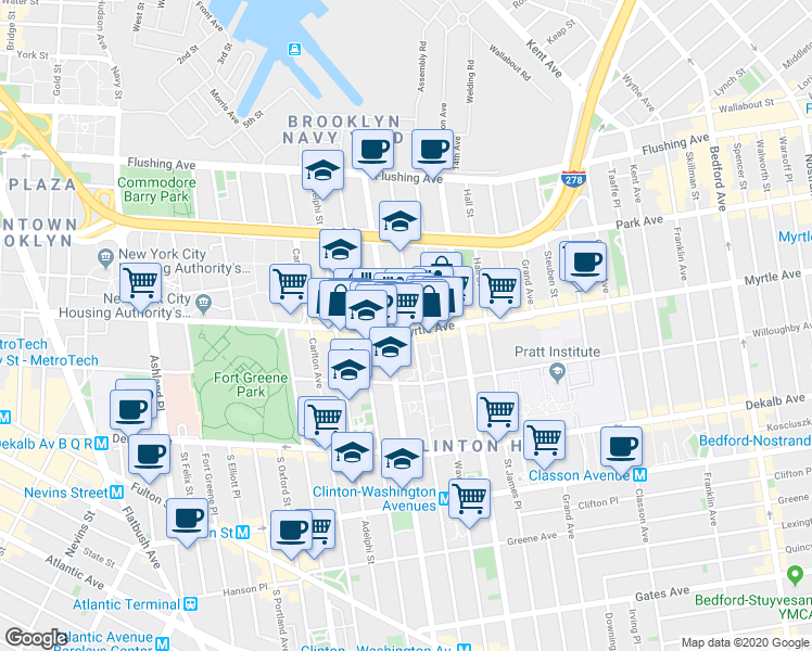 map of restaurants, bars, coffee shops, grocery stores, and more near 132 Clinton Avenue in Brooklyn