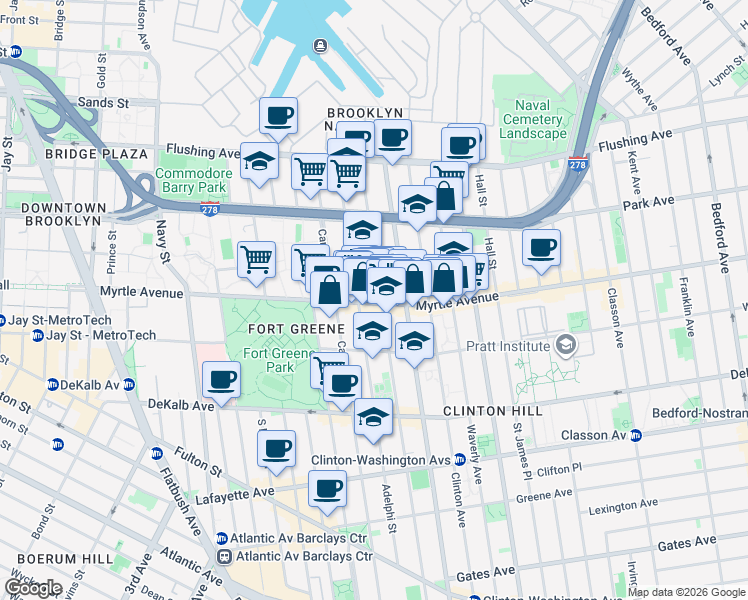 map of restaurants, bars, coffee shops, grocery stores, and more near 370 Myrtle Avenue in Brooklyn
