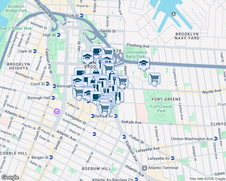 map of restaurants, bars, coffee shops, grocery stores, and more near 166 Myrtle Avenue in Brooklyn