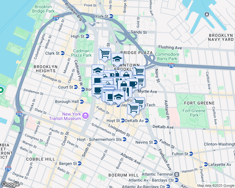 map of restaurants, bars, coffee shops, grocery stores, and more near 105 Lawrence Street in Brooklyn