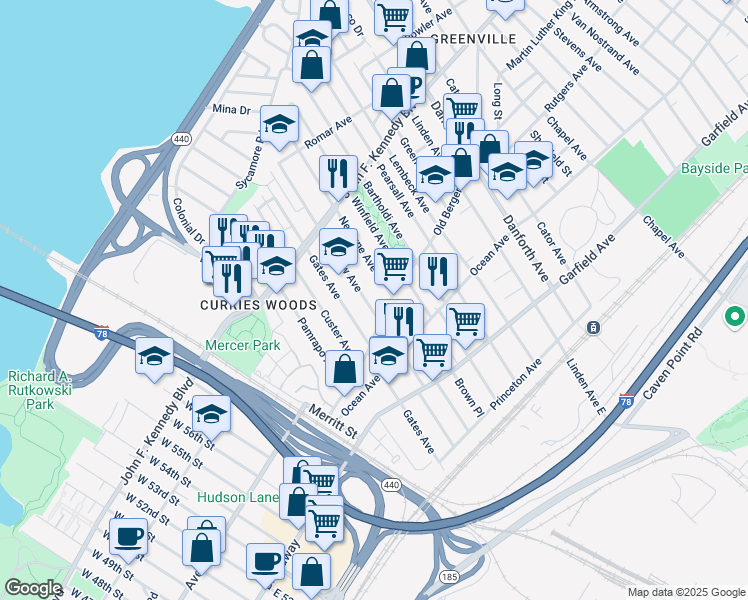 map of restaurants, bars, coffee shops, grocery stores, and more near 160 Seaview Avenue in Jersey City