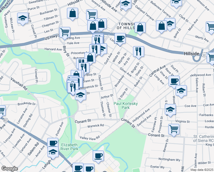 map of restaurants, bars, coffee shops, grocery stores, and more near 198 Fitzpatrick Street in Hillside