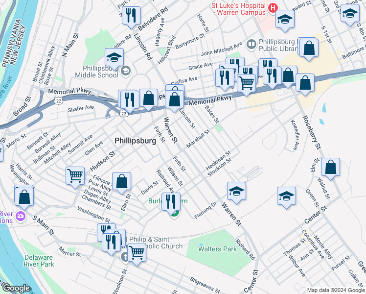 map of restaurants, bars, coffee shops, grocery stores, and more near 315 Warren Street in Phillipsburg