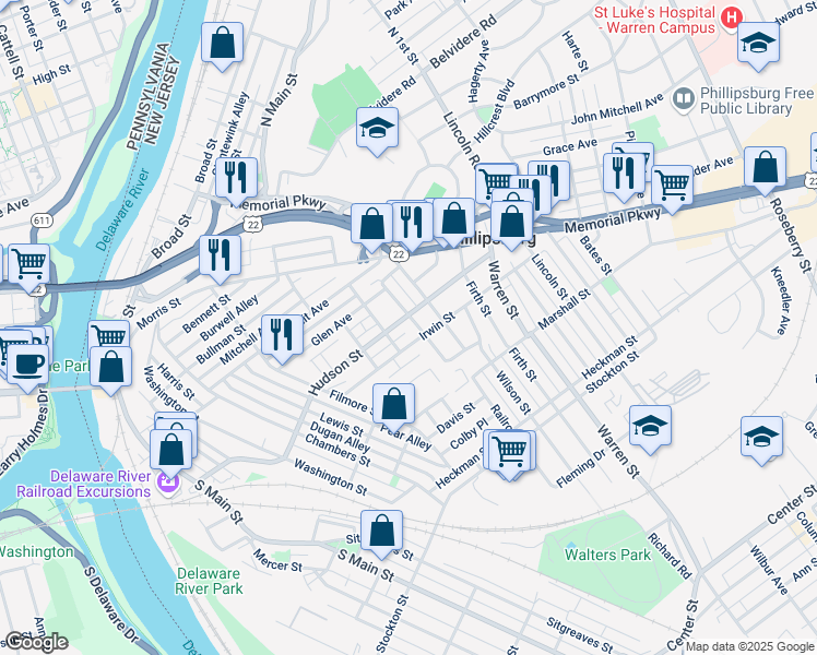 map of restaurants, bars, coffee shops, grocery stores, and more near in Phillipsburg