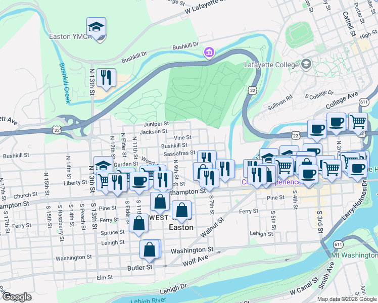 map of restaurants, bars, coffee shops, grocery stores, and more near 820 Bushkill Street in Easton