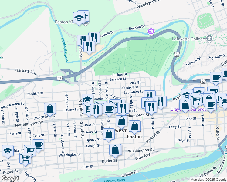 map of restaurants, bars, coffee shops, grocery stores, and more near 1014 Bushkill Street in Easton