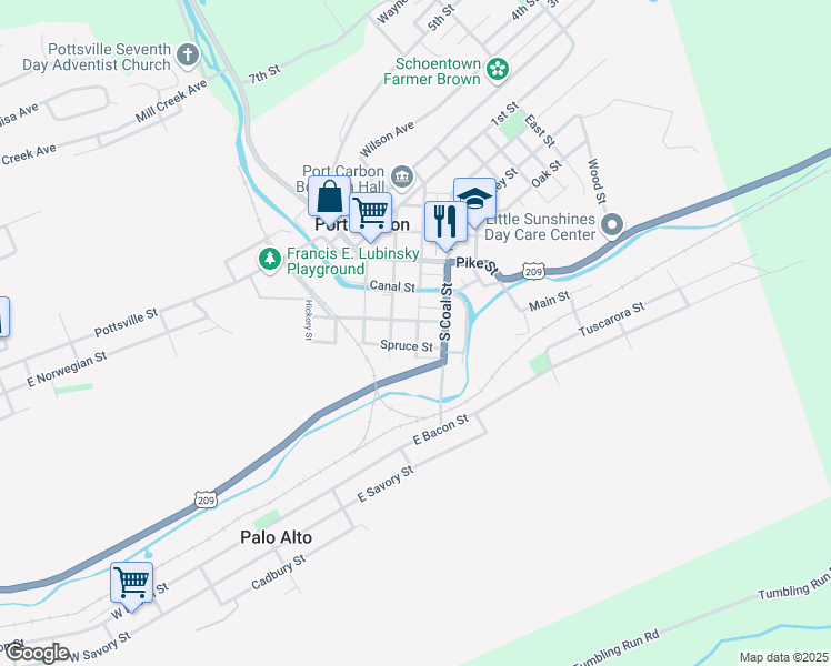 map of restaurants, bars, coffee shops, grocery stores, and more near 127 Jackson Street in Port Carbon