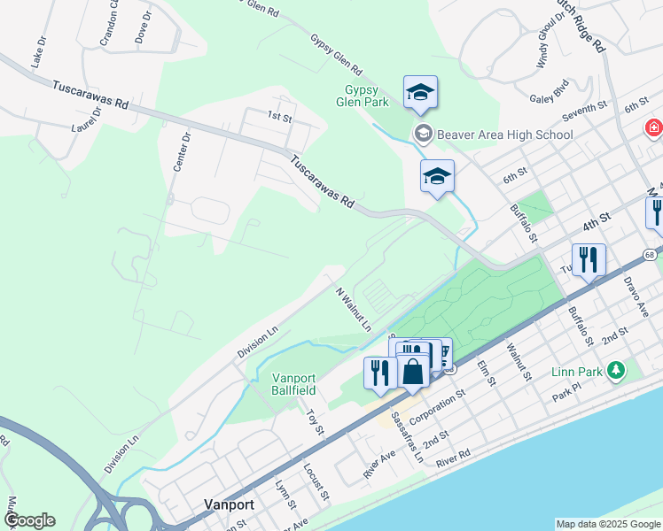 map of restaurants, bars, coffee shops, grocery stores, and more near 200 Division Lane in Beaver