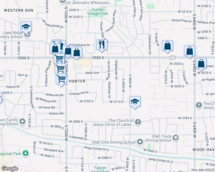 map of restaurants, bars, coffee shops, grocery stores, and more near 3633 Royal Scott Drive in Salt Lake City