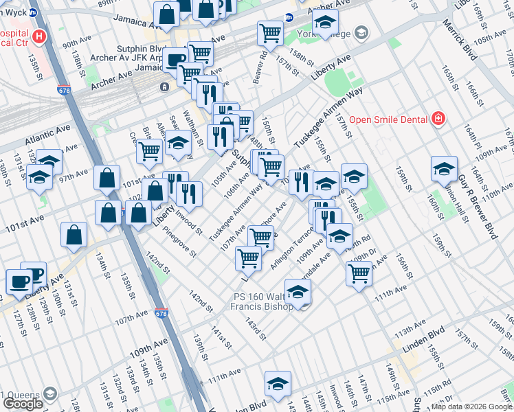 map of restaurants, bars, coffee shops, grocery stores, and more near 146-22 Tuskegee Airmen Way in Queens