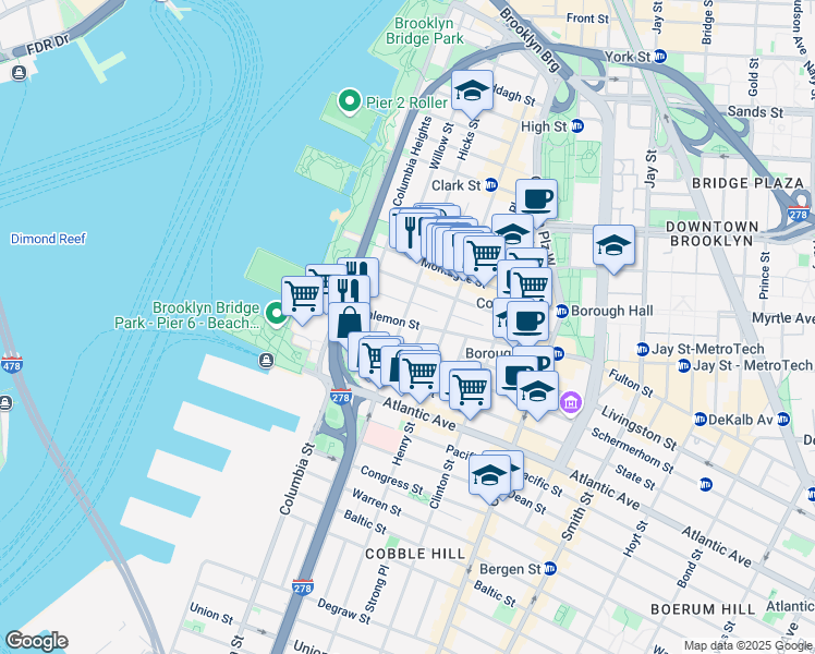 map of restaurants, bars, coffee shops, grocery stores, and more near 79 Joralemon Street in Brooklyn