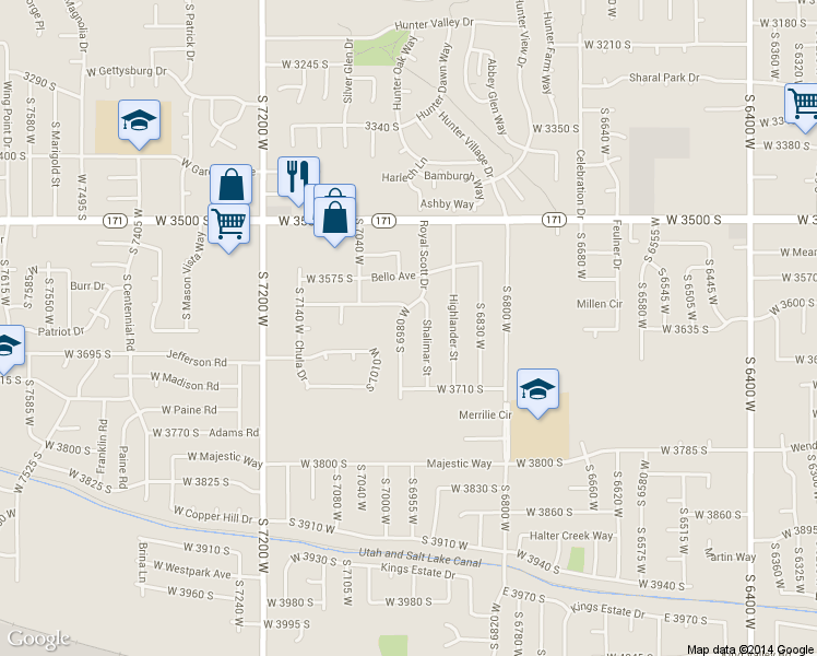map of restaurants, bars, coffee shops, grocery stores, and more near 3633 Royal Scott Drive in Salt Lake City