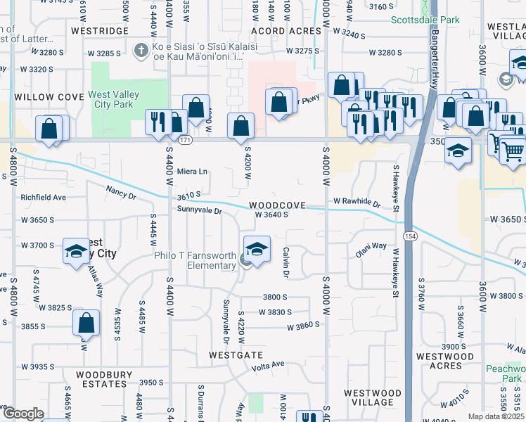 map of restaurants, bars, coffee shops, grocery stores, and more near 4158 Mann Way in West Valley City