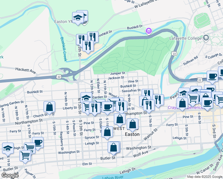 map of restaurants, bars, coffee shops, grocery stores, and more near 1014 Bushkill Street in Easton