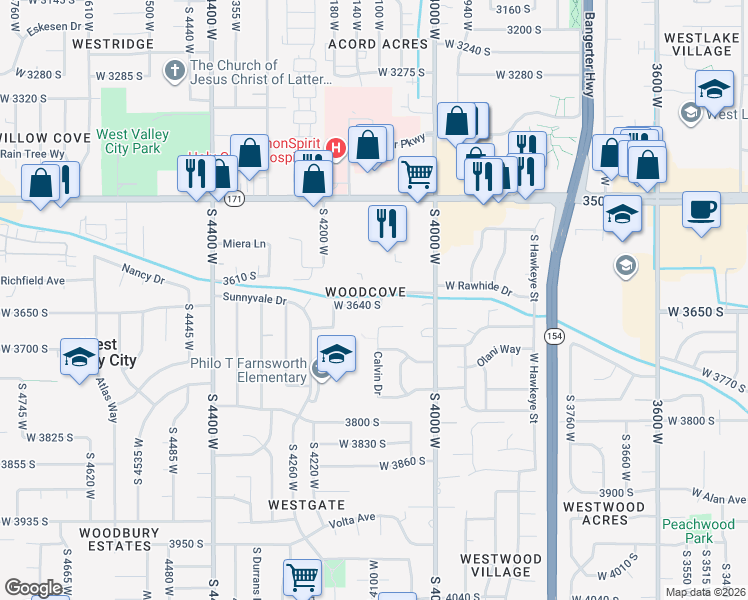 map of restaurants, bars, coffee shops, grocery stores, and more near 4114 Mann Way in West Valley City