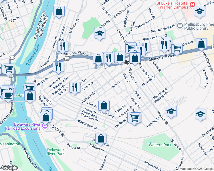 map of restaurants, bars, coffee shops, grocery stores, and more near in Phillipsburg