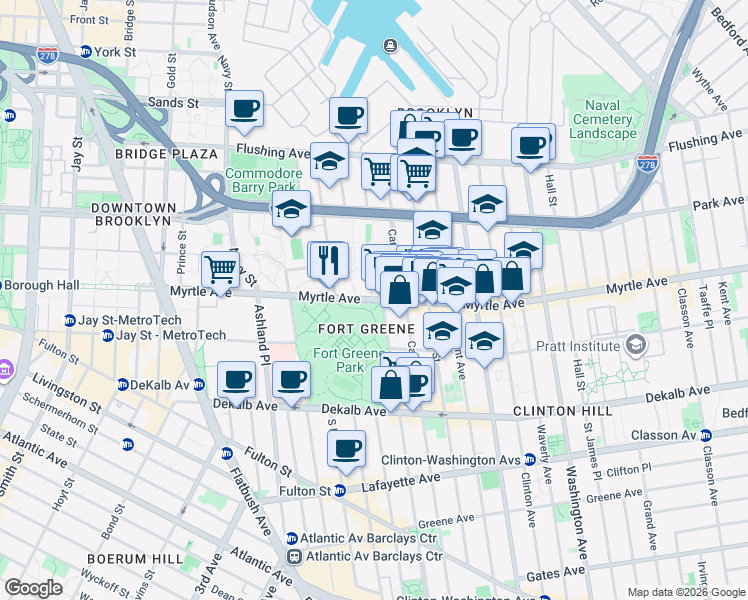 map of restaurants, bars, coffee shops, grocery stores, and more near Myrtle Avenue & Washington Walk in Brooklyn