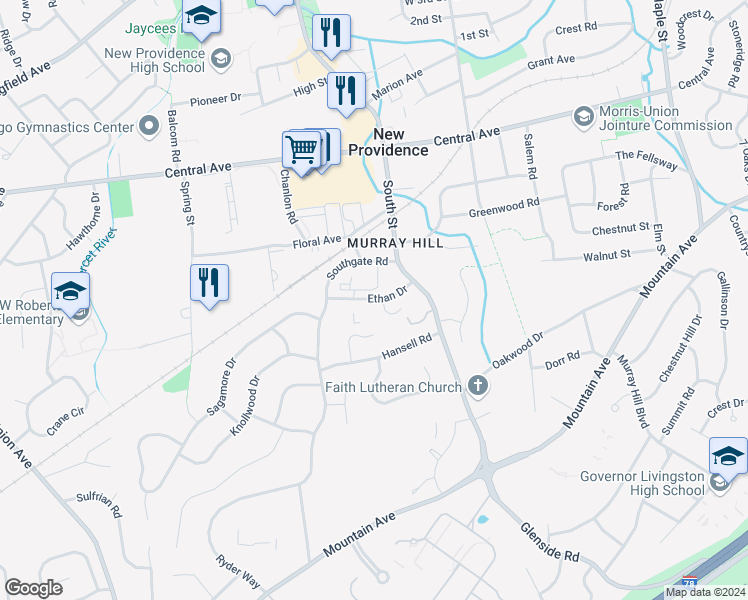 map of restaurants, bars, coffee shops, grocery stores, and more near 38 Ethan Drive in New Providence