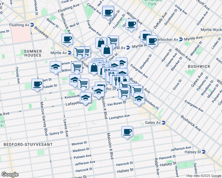 map of restaurants, bars, coffee shops, grocery stores, and more near 613A Kosciuszko Street in Brooklyn