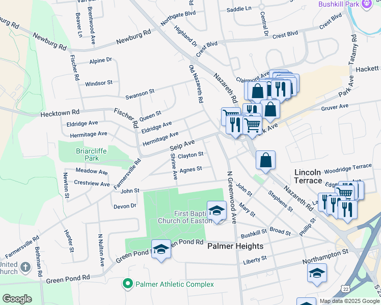 map of restaurants, bars, coffee shops, grocery stores, and more near 2915 Clayton Street in Easton