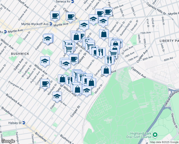 map of restaurants, bars, coffee shops, grocery stores, and more near 342 Eldert Street in Brooklyn