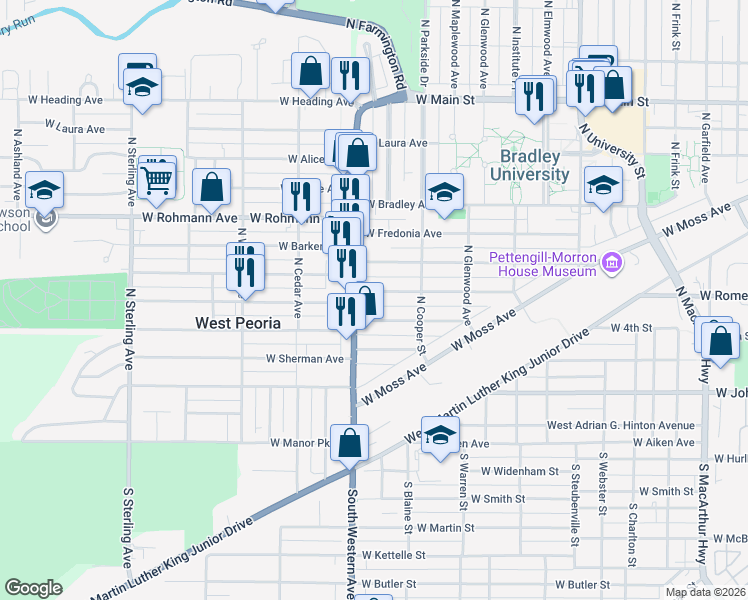 map of restaurants, bars, coffee shops, grocery stores, and more near 1810 West Callender Avenue in Peoria