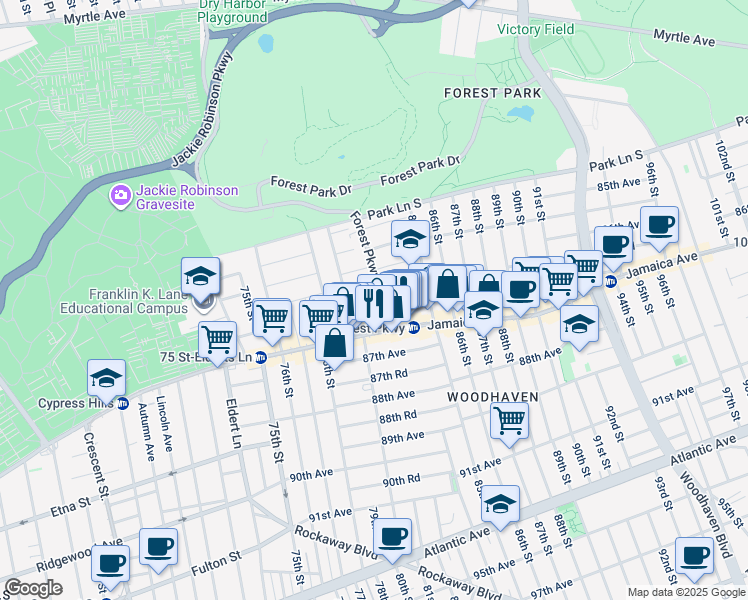 map of restaurants, bars, coffee shops, grocery stores, and more near 86-02 Forest Parkway in Queens