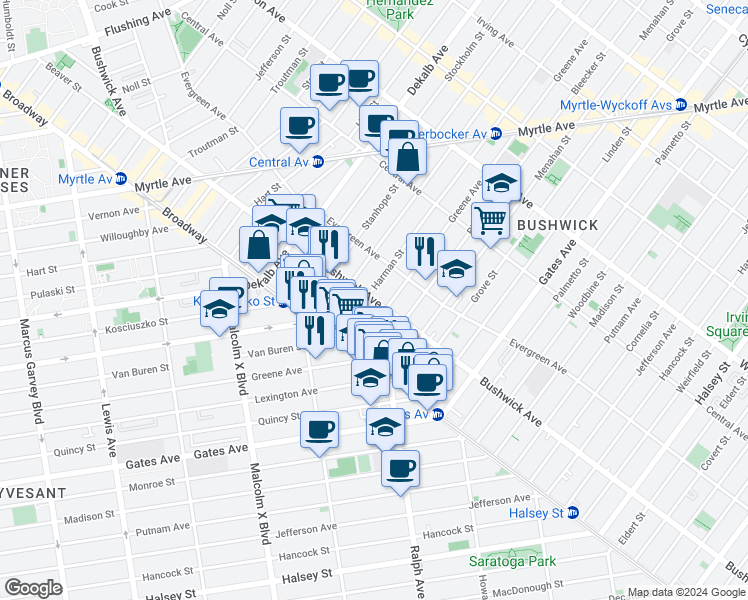 map of restaurants, bars, coffee shops, grocery stores, and more near Bushwick Avenue & Van Buren Street in Brooklyn