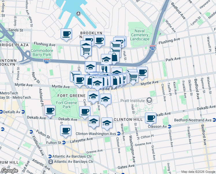 map of restaurants, bars, coffee shops, grocery stores, and more near 132 Clinton Avenue in Brooklyn