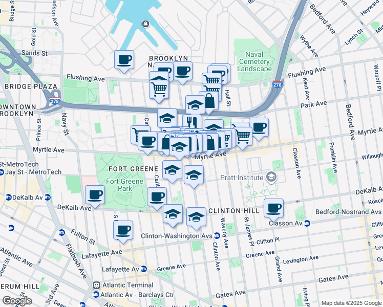 map of restaurants, bars, coffee shops, grocery stores, and more near 132 Clinton Avenue in Brooklyn