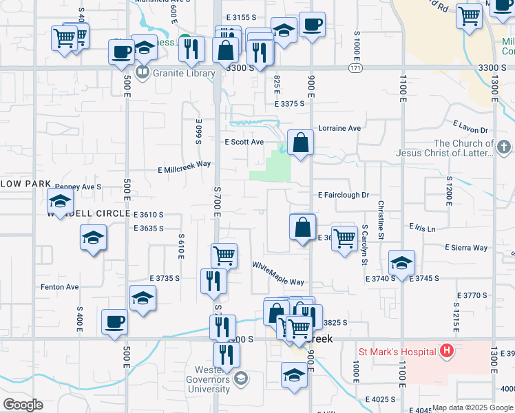 map of restaurants, bars, coffee shops, grocery stores, and more near 3580 South 805 East Street in Millcreek