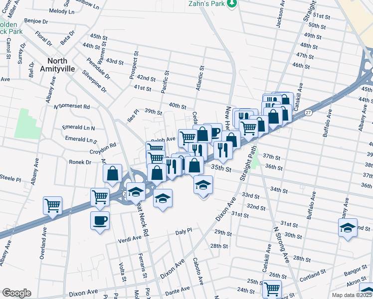 map of restaurants, bars, coffee shops, grocery stores, and more near 90 Hudson Street in Copiague