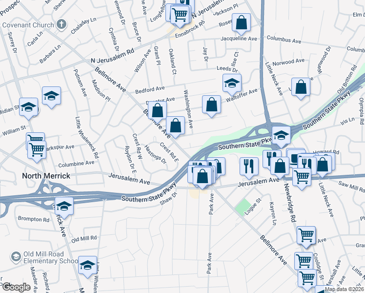 map of restaurants, bars, coffee shops, grocery stores, and more near 1991 Pershing Avenue in North Bellmore