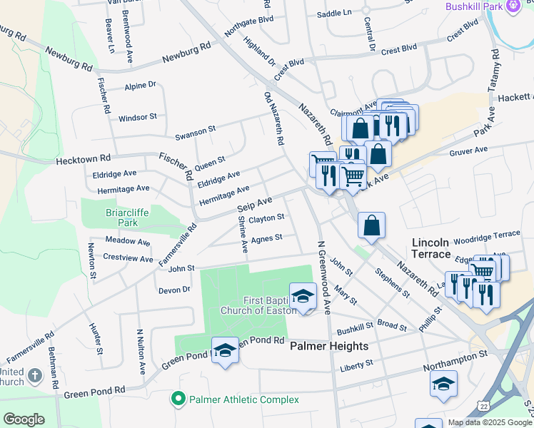 map of restaurants, bars, coffee shops, grocery stores, and more near 2915 Clayton Street in Easton